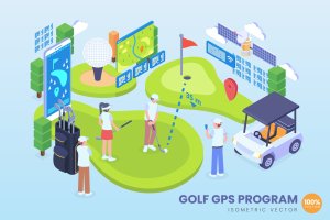 高尔夫俱乐部GPS应用2.5D矢量等距概念插画 Isometric Golf GPS Program Vector Concept