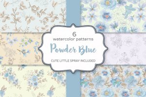 粉蓝色水彩花卉植物图案纹样素材 Powder Blue Watercolor Patterns