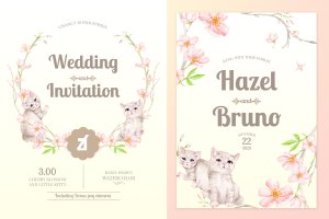 手绘樱花＆小猫水彩艺术装饰元素 Floral Hand-drawn Watercolor Wedding Invitation