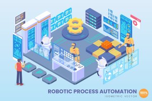 机器人自动化生产技术等距矢量概念科技插画 Isometric Robotic Process Automation Vector