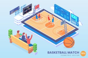 篮球比赛主题2.5D矢量等距概念插画 Isometric Basketball Match Vector Concept