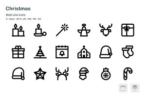 圣诞节日庆典粗线条矢量线性图标 Christmas Celebration Bold Line Vector Icons