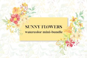 阳光明媚风格水彩花卉手绘图案剪贴画PNG素材 Sunny Flowers: Watercolor Clip Art Mini Bundle