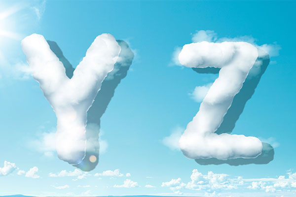 字母“YZ”蓝天背景白云英文字母艺术字体psd素材