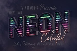 多彩霓虹灯效果3D立体英文字母PNG素材v2 Colorful Neon 3D Lettering View 2