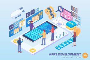 APP应用程序开发主题等距矢量概念插画 Isometric Mobile Apps Development Vector Concept