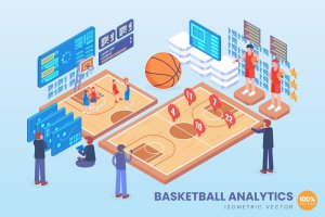 篮球分析主题2.5D矢量等距概念插画 Isometric Basketball Analytics Vector Concept