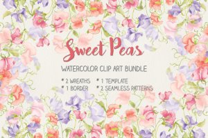 甜豌豆水彩剪贴画图案纹样背景素材 Sweet Peas: Clip Art and Patterns in Watercolor