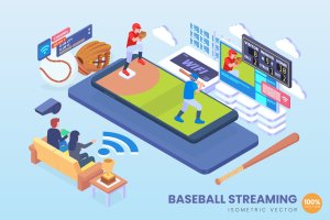 棒球赛事流媒体直播2.5D矢量等距概念插画 Isometric Baseball Streaming Vector Concept