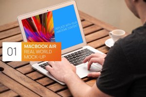 Macbook Air实景使用场景样机模板v1 Person Using MacBook Air Real World Photo Mock-up