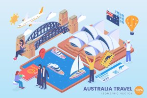 澳大利亚旅游度假主题等距矢量概念插画 Isometric Australia Travel Holiday Vector Concept
