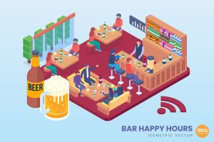酒吧欢乐时光主题2.5D矢量等距概念插画 Isometric Bar Happy Hours Vector Concept