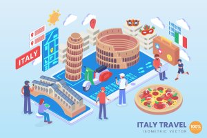 意大利旅游度假主题等距矢量概念插画 Isometric Italy Travel Holiday Vector Concept