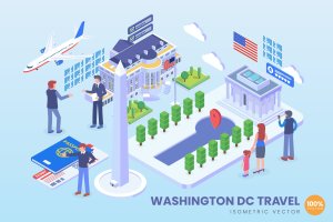 华盛顿旅游度假主题2.5D矢量等距概念插画 Isometric Washington Travel Holiday Vector Concept