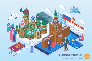 俄罗斯旅游度假主题2.5D矢量等距概念插画 Isometric Russia Travel Holiday Vector Concept