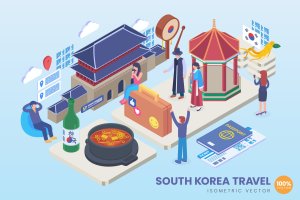 韩国旅行度假主题2.5D矢量等距概念插画 Isometric South Korea Travel Vector Concept