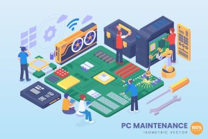 服务器维护/运维主题等距概念插画 Isometric PC Maintenance Vector Concept