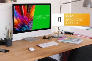 简约实木办公桌场景27寸iMac一体机电脑样机 Wooden Desk iMac 27 Real World Mock-up