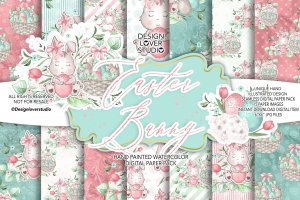 甜蜜风格复活节兔子手绘图案数码纸背景素材 Sweet Easter Bunny digital paper pack