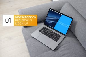 布艺沙发上的MacBook Pro电脑样机 New MacBook Pro Touchbar Real World Mock-up