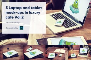 咖啡厅场景Macbook&平板电脑样机模板v2 5 Laptop and tablet mock-ups in cafe Vol. 2