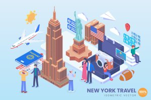 纽约旅游度假主题等距矢量概念插画 Isometric New York Travel Holiday Vector Concept