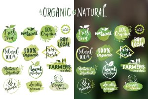 手绘有机食品贴纸&徽章矢量Logo设计素材v1 Organic food stickers and badges