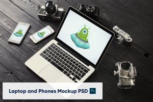 iPhone/Macbook/微单场景屏幕预览样机模板 Phones, Laptop and Old Camera – Mockup PSD