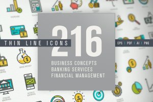 金融行业细线设计风格图标 Set of Thin Line Icons for Finance