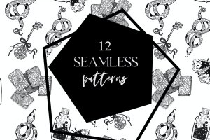 12套黑色墨水手绘图案无缝背景素材 12 seamless ink hand-drawn patterns set