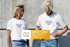 情侣T恤服装设计效果图样机 Two Persons White T-Shirt Real World Photo Mock-up