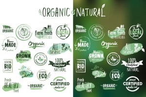 手绘有机产品贴纸&徽章矢量Logo设计素材v1 Organic products stickers and badges