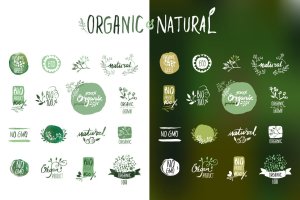 手绘有机食品贴纸&徽章矢量Logo设计素材v4 Organic food stickers and badges