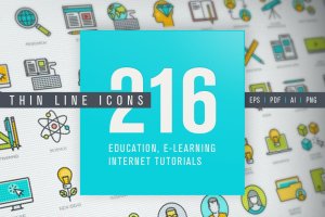 线上教育主题矢量线性图标集 Set of Thin Line Icons for Online Education