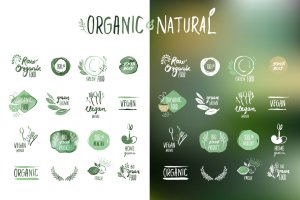 手绘有机食品贴纸&徽章矢量Logo设计素材v6 Organic food stickers and badges