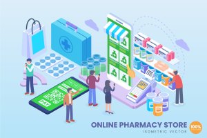 在线药店药房2.5D等距概念插画 Isometric Online Pharmacy Store Vector Concept