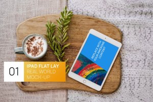 白色iPad木头桌面场景样机模板 White iPad Cozy Wood Flat Lay Real World Mock-up