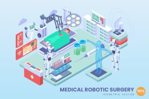 医学机器人手术2.5D矢量等距概念插画 Isometric Medical Robotic Surgery Vector Concept