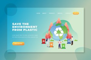废物垃圾分类回收网站着陆页插画模板 Save The Environment From Plastic – PSD AI Landing