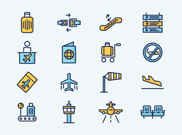 机场指示标志矢量彩色图标 Colored Airport Vector Icons