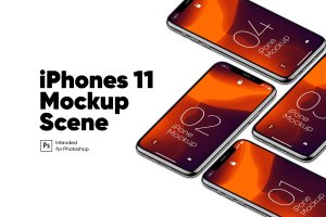 等距网格iPhone 11手机多设备屏幕预览样机模板 iPhone 11 Mockup Isometric Scene