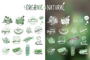 手绘有机产品贴纸&徽章矢量Logo设计素材v4 Organic products stickers and badges