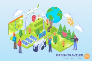 绿色旅行者主题2.5D矢量等距概念插画  Isometric Green Traveler Vector Concept