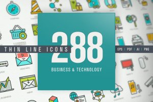 电子商务＆科技主题现代细线图标套件 Set of Thin Line Icons for Business and Technology