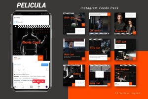 黑橙色高端电影风Instagram帖子界面模板 Pelicula – Instagram Feeds Pack
