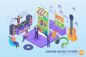 在线音乐商店2.5D矢量等距概念插画 Isometric Online Music Store Vector Concept
