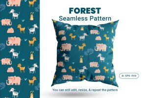 高级印花系列-森林动物手绘四方连续图案纹样素材 Seamless Pattern Forest
