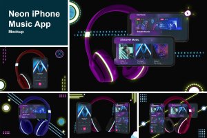 霓虹灯设计风格iPhone手机音乐APP应用UI设计图样机 Neon iPhone Music App Mockup