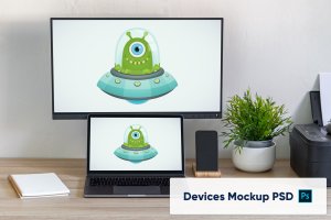 MacBook&iMac电脑屏幕预览样机PSD模板 Computer devices on wooden table – mockup PSD