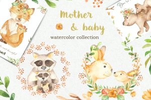 可爱的母婴动物水彩剪贴画素材 Watercolor Mother and Baby animals. Mothers Day